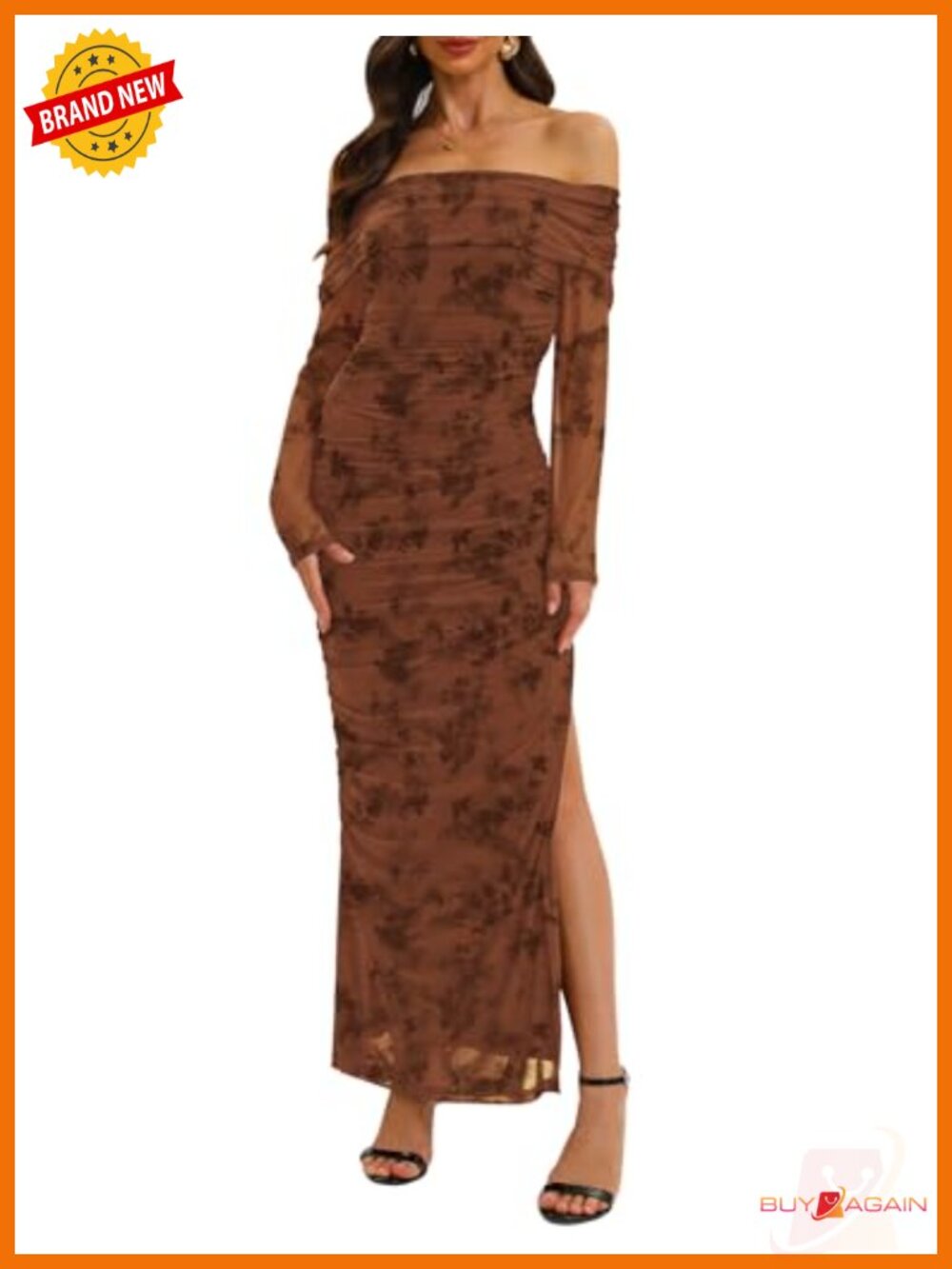 Off Shoulder Long Sleeve Bodycon Mesh Ruched High Split Maxi Dress